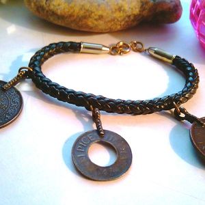 Boho Braided Leather Bracelet Coin Charms Vintage